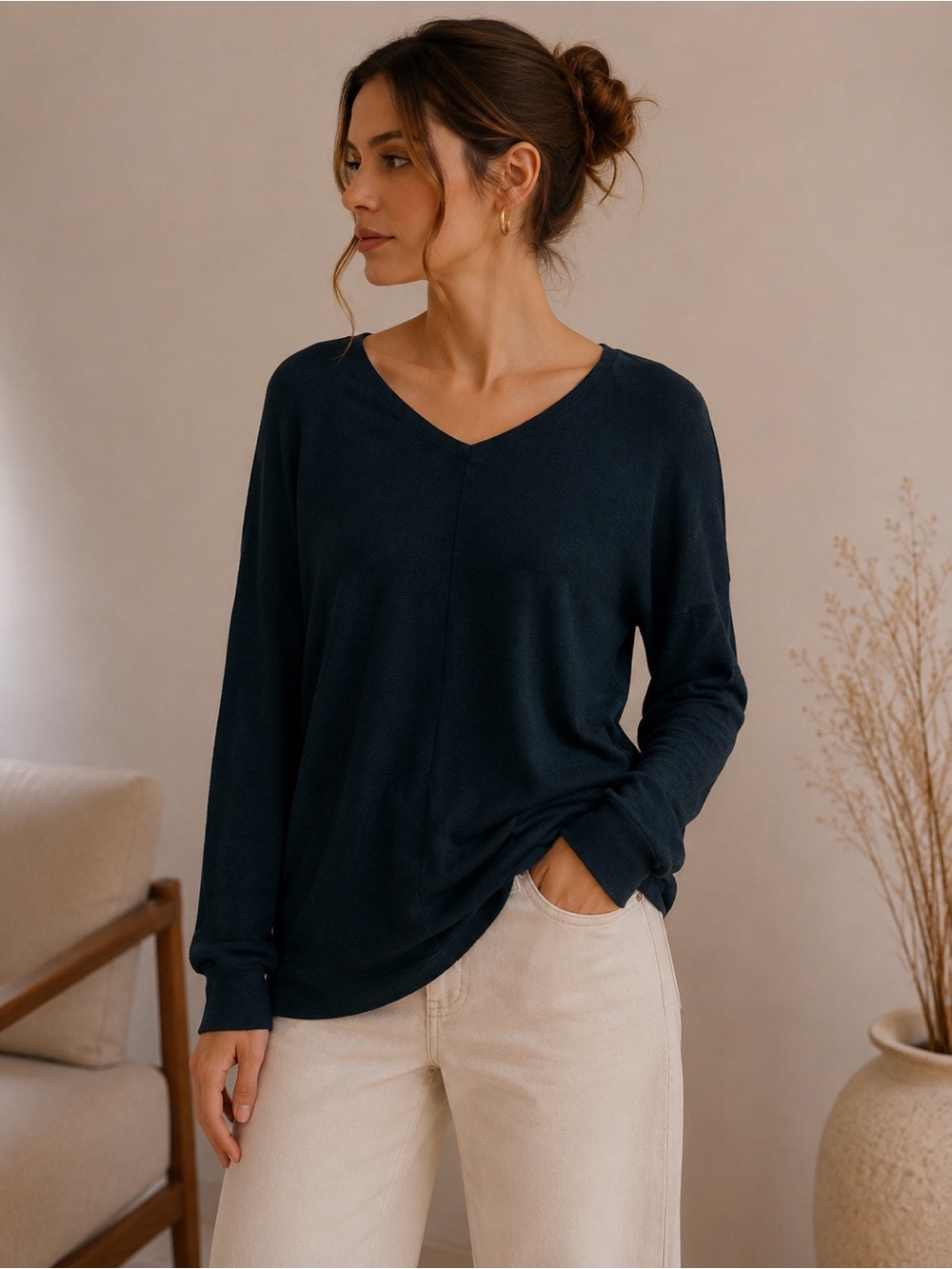 LOFT Deep Blue/Green V-Neck Long Sleeve Merino Wool Sweater Size XS Top